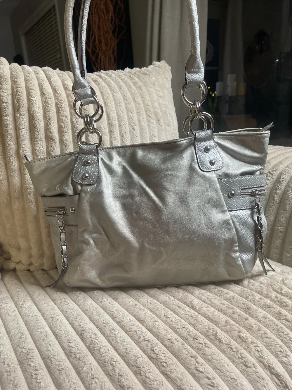 Genna De Rossi Metallic Silver Y2K Shoulder Bag Hobo Satchel Charm Tassel